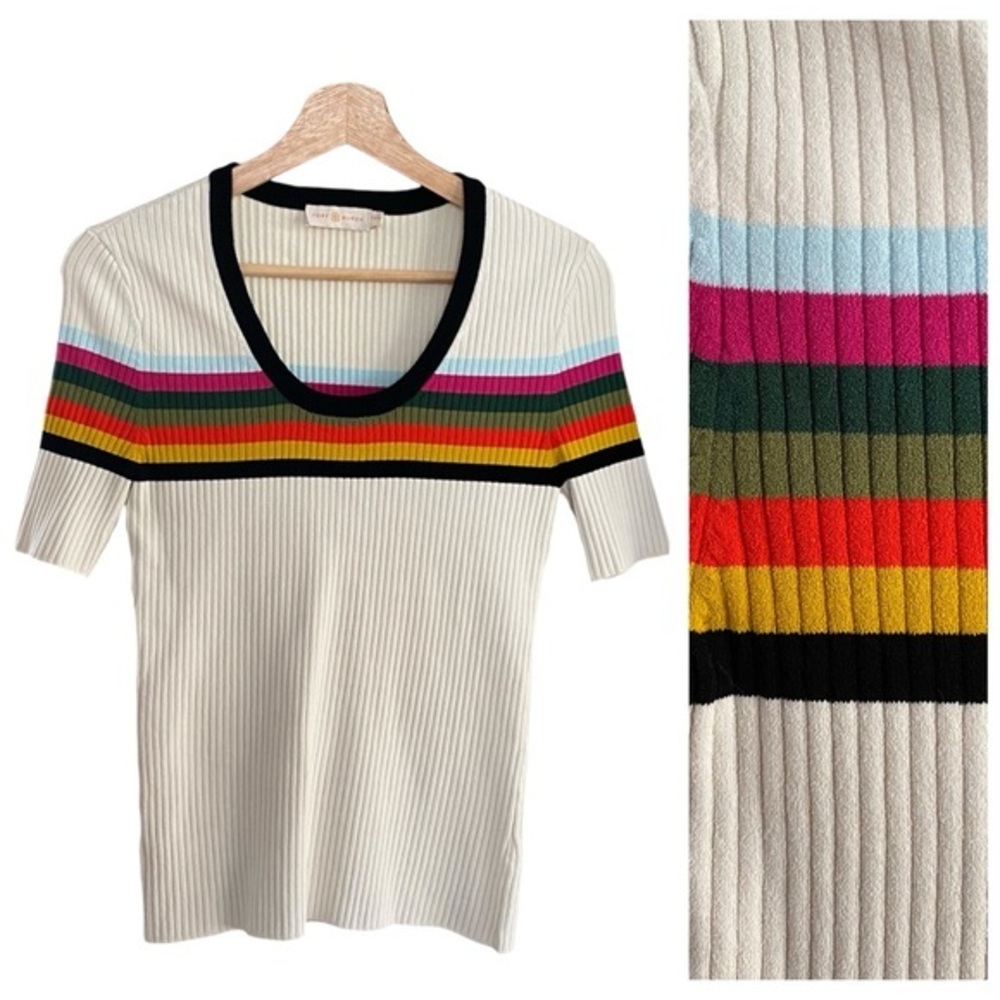 Tory Burch Cream Rainbow Striped Ribbed Top XS